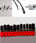 DIY Ready Flexible Rubber End Caps Set Of 60 Pieces To Protect Screw Threads For Metal Tubes Bolts And Rods In Six Sizes 2mm 3mm 6.5mm 8mm 10mm 12mm, shown covering metal hooks and wires.