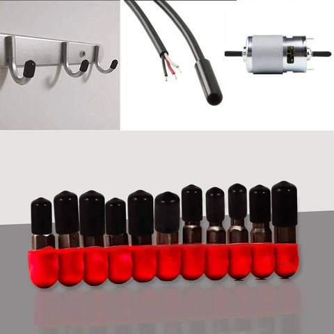 DIY Ready Flexible Rubber End Caps Set Of 60 Pieces To Protect Screw Threads For Metal Tubes Bolts And Rods In Six Sizes 2mm 3mm 6.5mm 8mm 10mm 12mm, shown covering metal hooks and wires.