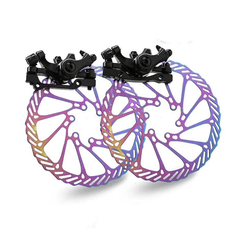 Rock Solid Rear Brake Kit With Mechanical Linear Pull Disc Caliper And 160mm G3 Rotor built heavy duty for mountain bikes, colorful rotors and calipers.