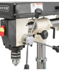 No-Fuss Shop Floor Beast Benchtop Radial Drill Press featuring control panel, 5/8 inch chuck and adjustment handles.