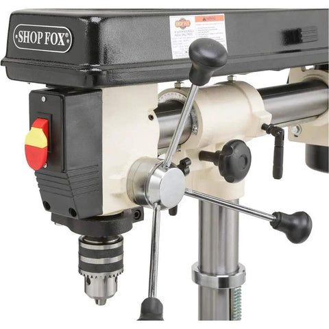 No-Fuss Shop Floor Beast Benchtop Radial Drill Press featuring control panel, 5/8 inch chuck and adjustment handles.