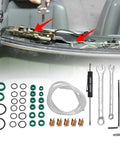 Hydraulic Roof Repair Seal Kit For Mercedes Benz SL R129 All Models 1990 2002 With Wrench Screwdriver Sealing Tube And 5 Line Clip Plugs To Stop Leaks And Keep Lines Tight shown with components and tools.