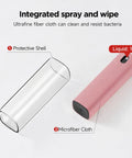 All In One Screen Cleaner Kit With Spray And Wipe Pocket Size Lipstick Style Reusable And Washable Cleans Phone Tablet And Laptop Screens Light Fragrance Transparent Protective Shell For On The Go Cleaning showing components.
