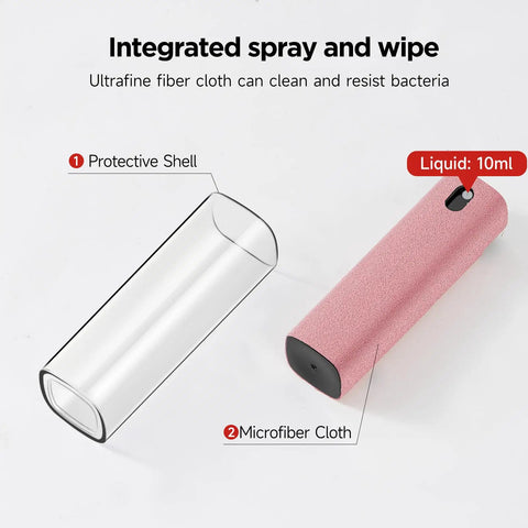 All In One Screen Cleaner Kit With Spray And Wipe Pocket Size Lipstick Style Reusable And Washable Cleans Phone Tablet And Laptop Screens Light Fragrance Transparent Protective Shell For On The Go Cleaning showing components.