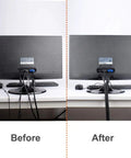 Comparison of tangled cords and organized setup using Sort Out Your Tangled Cords With This Durable 6.6 Foot Black Cable Sleeve One Inch Wide Wrap.