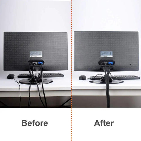 Comparison of tangled cords and organized setup using Sort Out Your Tangled Cords With This Durable 6.6 Foot Black Cable Sleeve One Inch Wide Wrap.