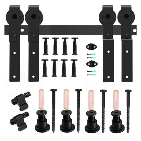 Heavy Duty Sliding Barn Door Hardware Kit For Double Doors Bypass Track System With Bent Hangers Anti Jumping Block Floor Guide