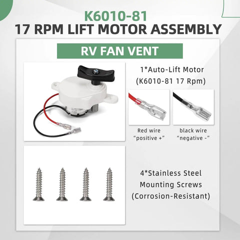 RV Roof Vent Lift Motor K6010-81 17 RPM For Dometic Fan-Tastic B Series with stainless steel mounting screws shown