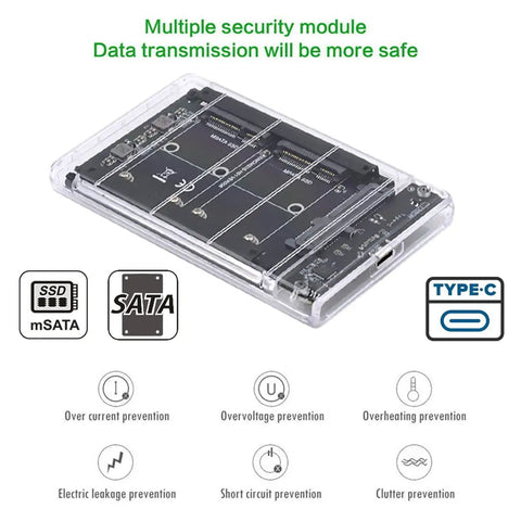 Dual Msata To Type C Storage Bridge Featuring Raid Zero And Jbod Mode with safety features and clear casing.