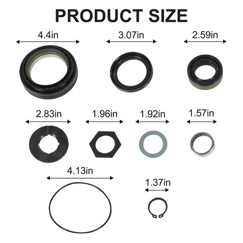 Ford Front Dana 50/60 Axle Seal Kit for 1998-2004 Ford Super Duty with sizes shown; includes seals, bearings, rings, washers.