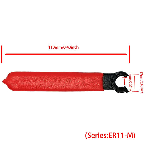 Red ergonomic handle of Pro Grade Hardened Collet Chuck Wrench For ER11 Clamping Nut And Screw 110mm Length with measurements
