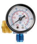 Kickass Adjustable HVLP Spray Gun Pressure Regulator With Crystal Dial Gauge And Quarter NPT Hookup showing pressure gauge and fittings.