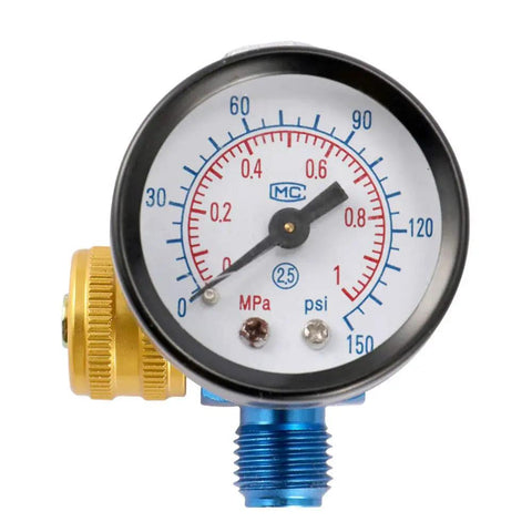 Kickass Adjustable HVLP Spray Gun Pressure Regulator With Crystal Dial Gauge And Quarter NPT Hookup showing pressure gauge and fittings.