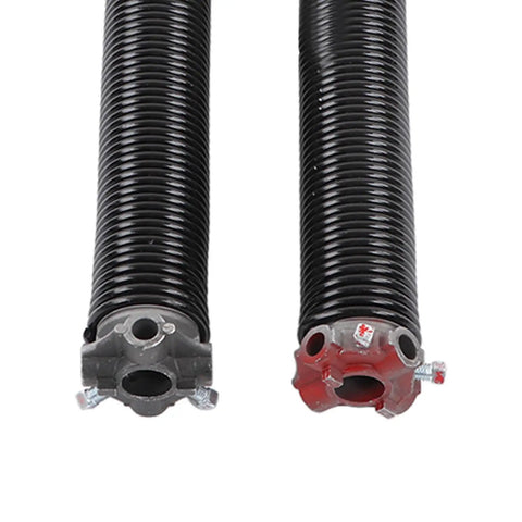 Heavy Duty Garage Door Spring Set Left Right Replacement Kit for Standard Homes And Shops, Robust Steel Torsion System For Secure Up And Down Motion, 218 Inch Long High Load Capacity. Black and red torsion springs with steel cones