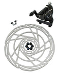 Top Tier Flat Mount Dual Piston Mechanical Disc Brake Set With 160mm Rotors And Heat Dissipating Pads showing caliper, rotor, and mounting hardware.