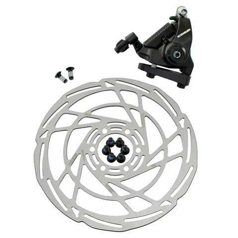 Top Tier Flat Mount Dual Piston Mechanical Disc Brake Set With 160mm Rotors And Heat Dissipating Pads showing caliper, rotor, and mounting hardware.