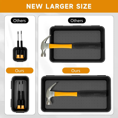 Comparison of 60 Piece Tool Box Organizer Tray Set With 5 Sized Inserts From XL To XS For Drawers And Rolling Tool Chests, with screwdrivers and hammer.