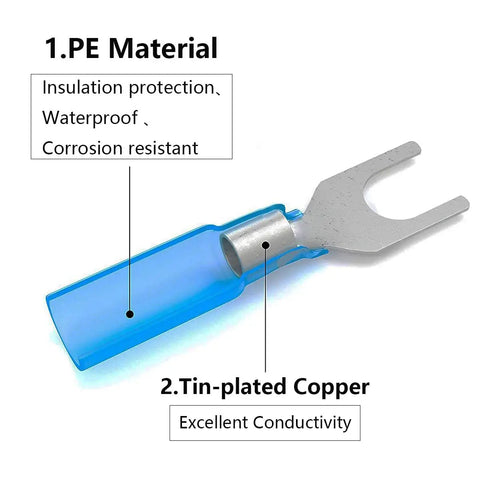 Pro High Grade Heavy Duty Heat Shrink Fork Terminals And Spade Crimp Connectors With Knockout Tough Sealed Insulation For Truck Mods And Everyday Gadget Repair Work, showing tin-plated copper with waterproof insulation.