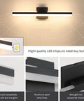 Black LED Vanity Light Over Mirror Wall Mount 15.7 Inch Dope Sleek Adjustable Modern Fixture For Bathroom 14W 3000K Warm White With Frosted Acrylic Shade And Aluminum Body, highlighting aluminum paint body and acrylic lampshade with LED chips.
