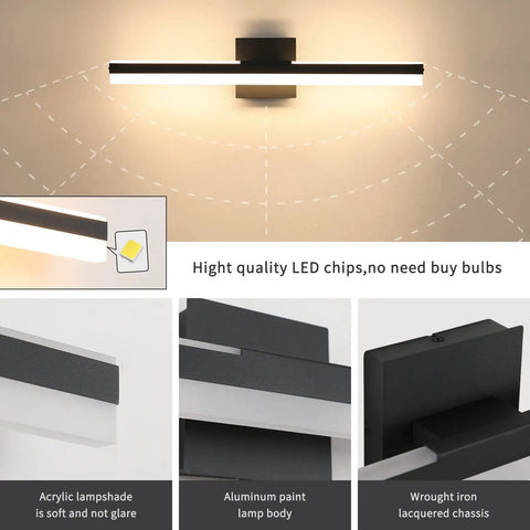 Black LED Vanity Light Over Mirror Wall Mount 15.7 Inch Dope Sleek Adjustable Modern Fixture For Bathroom 14W 3000K Warm White With Frosted Acrylic Shade And Aluminum Body, highlighting aluminum paint body and acrylic lampshade with LED chips.
