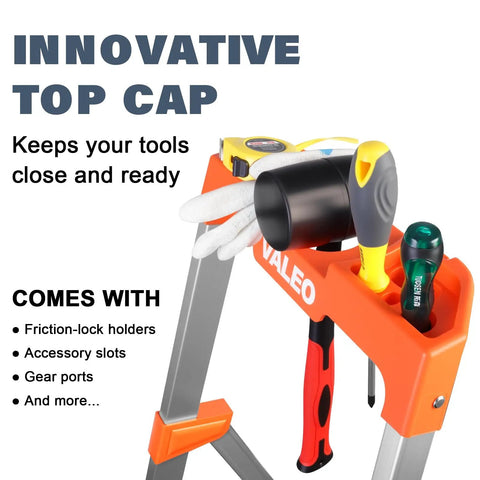 Two Step Ladder With XL Platform For A Rock Solid Stand, Aluminum Lightweight Folding Stool, 330 Lb Weight Rating, No Assembly Required, Large Anti Slip Feet, Easy Fold Design For Home, Garage, Or Office, top cap with tool holders