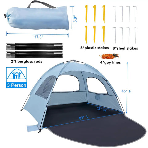 Anti UV Beach Tent For Three People, Portable Sun Shade Shelter With Extendable Floor, Three Mesh Vent Windows, Stakes And Guy Lines, Carrying Bag Included, Sierra Blue