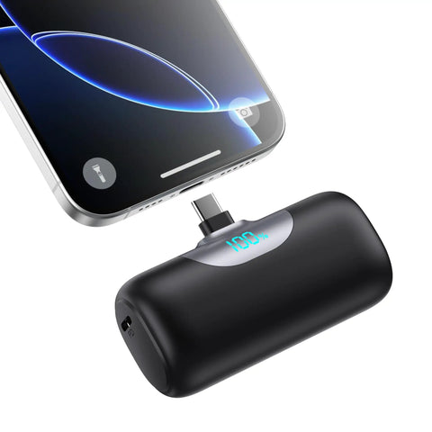 Mini Portable Charger For iPhone 17 16 15 Series And Android 5500mAh PD Fast Charging USB-C Power Bank connected to smartphone