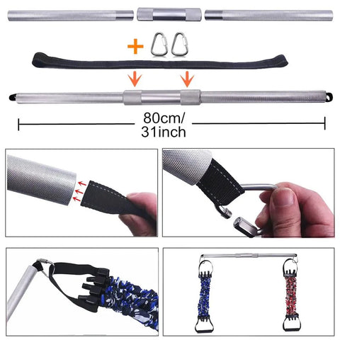 Aluminum Alloy Pilates Bar With Rubber Resistance Bands Door Anchor for Full Body Workouts, showing 80cm bar, bands, and anchors.