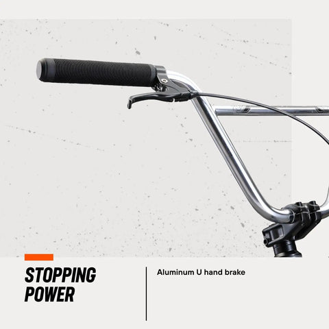 Close-up of aluminum U hand brake on Legion L60 Kids Freestyle BMX Bike Park And Street Ready, 20-Inch Wheels, Hi-Ten Steel Frame