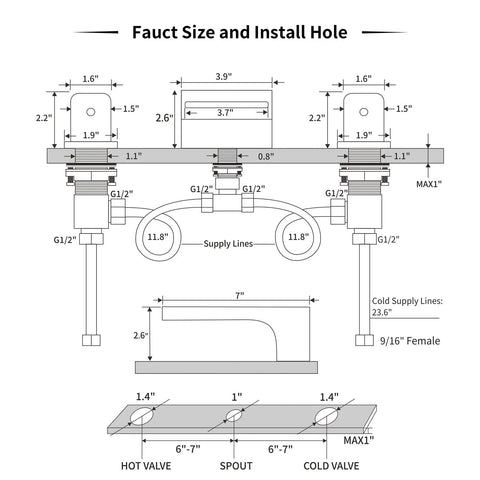 Technical diagram of Waterfall Roman Tub Faucet Deck Mount With 3 Holes 2 Handles And Tub Filler High Flow Chrome Finish.