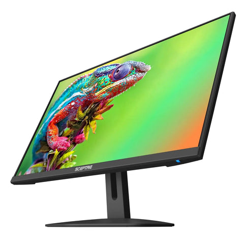 Side view of 24 Inch Gaming Monitor With 100Hz FreeSync Dope Visuals 2X HDMI 1X DisplayPort Built In Speakers Ready To Game On PC Or Console 1Ms Response Time Sleek Matte Black 2026 Model, displaying vibrant chameleon image on screen.