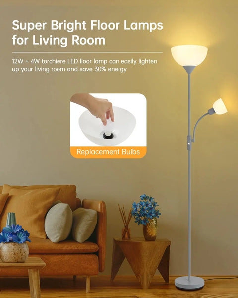 Modern Silver Floor Lamp With Dual LED Heads, 12W Main Light And 4W Adjustable Reading Lamp, 2700K Warm White in living room