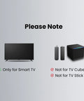 Image showing compatibility notice for Universal Voice Control Remote, compatible with Smart TVs, not with TV Cube or Stick.