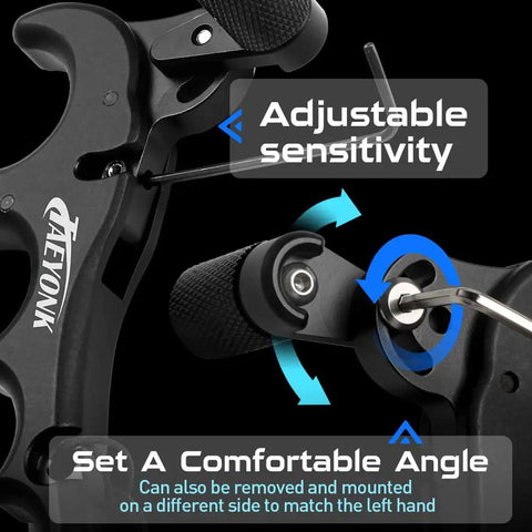 Aluminum 360 Degree Rotatable 4 Finger Archery Thumb Release For Compound Bow Lightweight Black Trigger Release Aid shown with adjustments.
