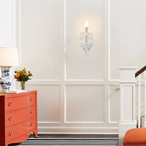 1 Light Distressed White Crystal Wall Sconce With Candle Style Vintage Farmhouse Vibe, French Country Crystal Drops, Elegant Bedroom Bathroom Hallway Living Room Light Fixture mounted on wall in hallway