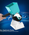 Handheld Adhesive Roller Knock Out Any Woodworking Or Crafting Job Smooth Operator Glue Spreader With Adjustable Flow And Comfortable Non Slip Grip Portable Applicator, close-up of blue glue applicator with black roller and grip.