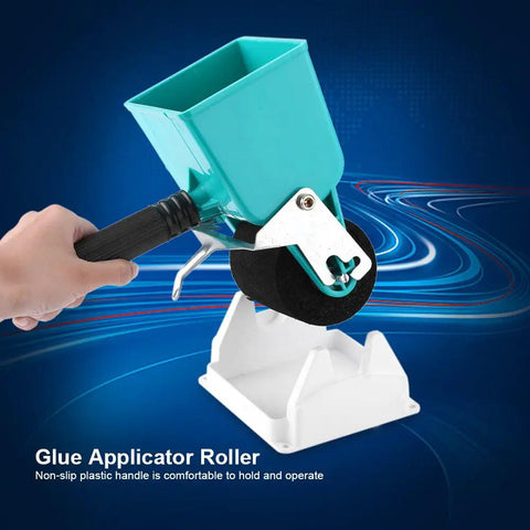 Handheld Adhesive Roller Knock Out Any Woodworking Or Crafting Job Smooth Operator Glue Spreader With Adjustable Flow And Comfortable Non Slip Grip Portable Applicator, close-up of blue glue applicator with black roller and grip.