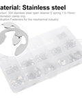 Premium Assorted Circlip Kit 400pcs Stainless Steel Retaining Rings 1.5 To 15mm heavy duty e-clip kit in a clear storage box.