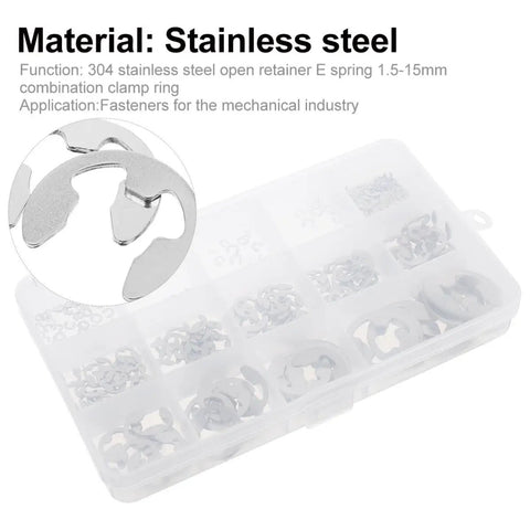 Premium Assorted Circlip Kit 400pcs Stainless Steel Retaining Rings 1.5 To 15mm heavy duty e-clip kit in a clear storage box.