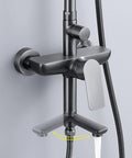 Exposed Shower System with Tub Spout 180° Rotating White, close-up view of faucet handle and connection.