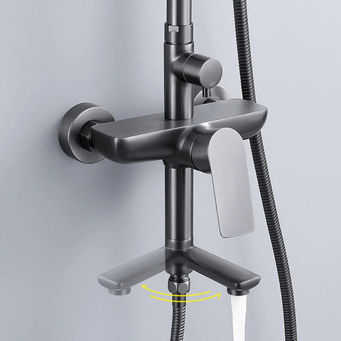 Exposed Shower System with Tub Spout 180° Rotating White, close-up view of faucet handle and connection.
