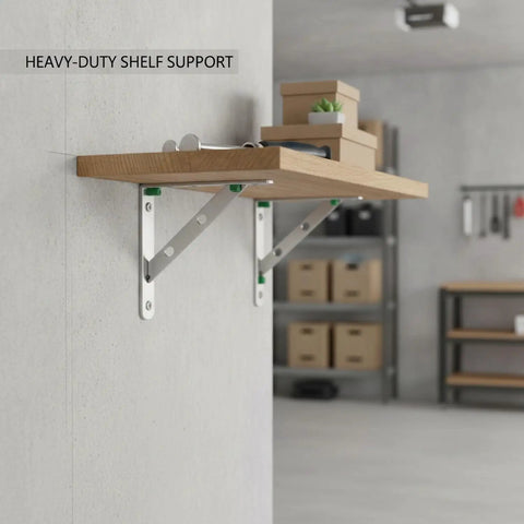 Stainless Steel Triangle Shelf Bracket Wall Mount For Floating Shelves, Heavy Duty Kitchen And Living Room Storage Support, 15.7 By 5.9 By 1.2 Inches, One Piece holding wooden shelf with boxes