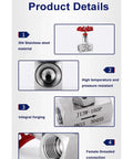 Front view of a 304 stainless steel high-pressure needle valve with red handwheel and female threaded connection.