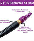 One Quarter Inch Polyurethane Air Hose Reinforced Lightweight Compressor Tubing Finish Safe And Slick Built Tough With Zero Drag For Auto Repair And Real Shop Grind Daily, showing aluminum plug and bend restrictor.