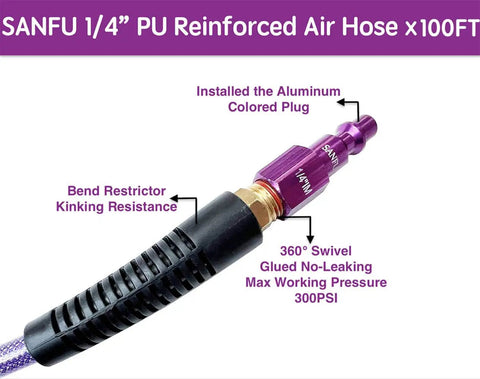One Quarter Inch Polyurethane Air Hose Reinforced Lightweight Compressor Tubing Finish Safe And Slick Built Tough With Zero Drag For Auto Repair And Real Shop Grind Daily, showing aluminum plug and bend restrictor.