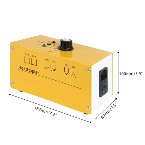 Yellow 110V Plastic Welder Kit With 3 Level Power, showing dimensions and power switch