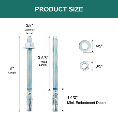 Three Eighths Inch By Five Inches Concrete Wedge Anchors Bolts Zinc Plated 25 Pack Heavy Duty Carbon Steel Masonry Anchors product dimensions