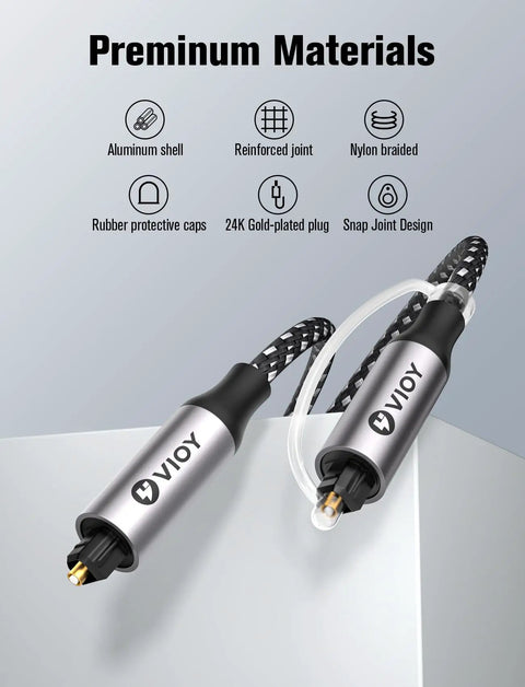 Close-up of 15 Ft Optical Audio Cable Hella Tough Nylon Braided Toslink connectors with aluminum shell and gold-plated plugs.