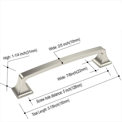 Brushed Satin Nickel 5 Inch Cabinet Pulls, 10 Pack with 128mm Hole Centers, Kitchen Cabinet Hardware, dimensions labeled.