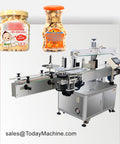 Rock Solid Automatic Self Adhesive Labeling Machine For Round And Flat Pet Glass Bottles, showing labeling jars of snacks.